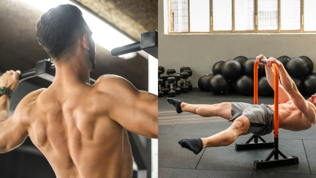 General hypertrophy exercise (pull-ups) and skill specific exercise (front lever). Ilustrating the different phases of calisthenics periodization.